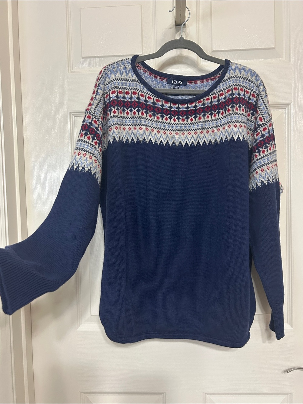 Chaps Navy Fair Isle Crewneck Sweater Red & White Pattern Cozy Ski Lodge Cutie